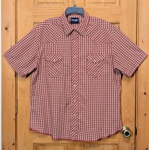 Wrangler Pearl Snap Men Red Plaid Short Sleeve Button Up Shirt XL Western Cowboy
